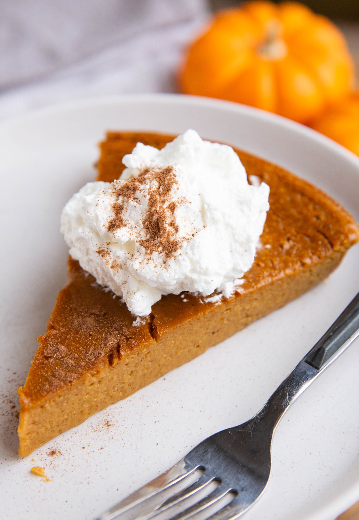 Closeup on a slice of crustless pumpkin pie with whipped cream and sprinkled cinnamon on top.