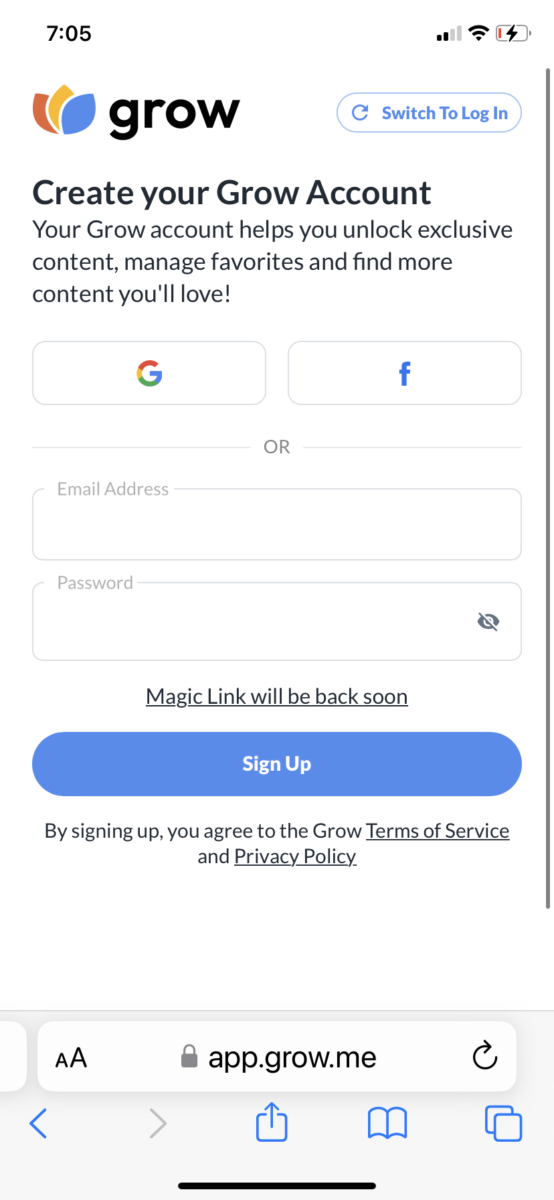 sign up using an email address for Grow.