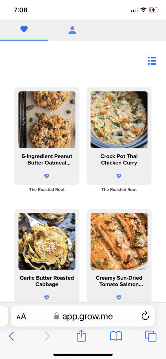 Grow account saved recipes