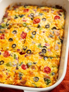 Egg bake fresh out of the oven in a casserole dish.