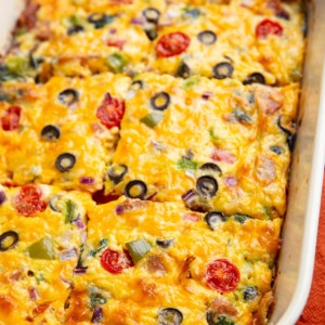 Egg bake fresh out of the oven in a casserole dish.