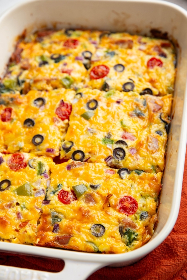 Egg bake fresh out of the oven in a casserole dish.