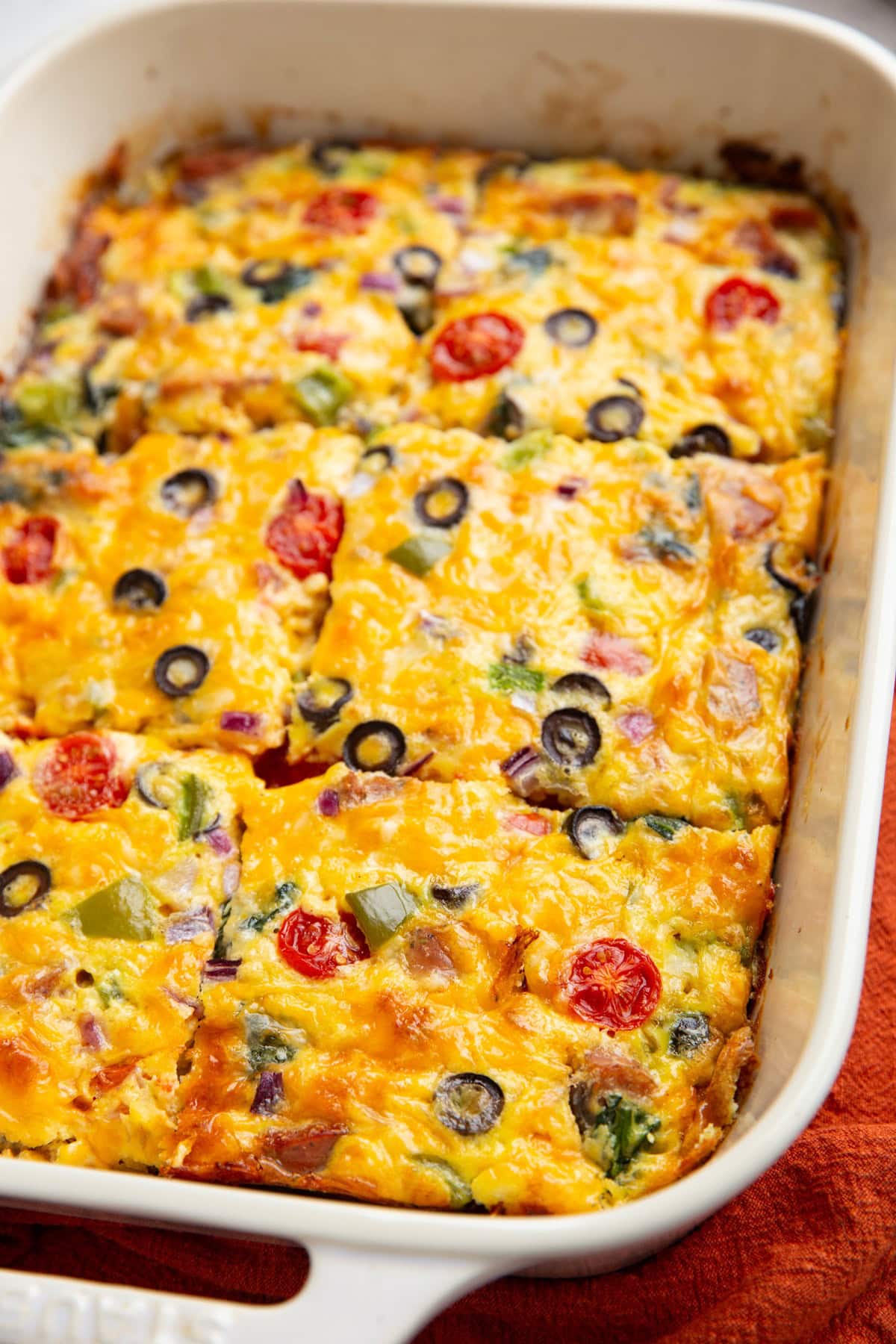 Egg bake fresh out of the oven in a casserole dish.