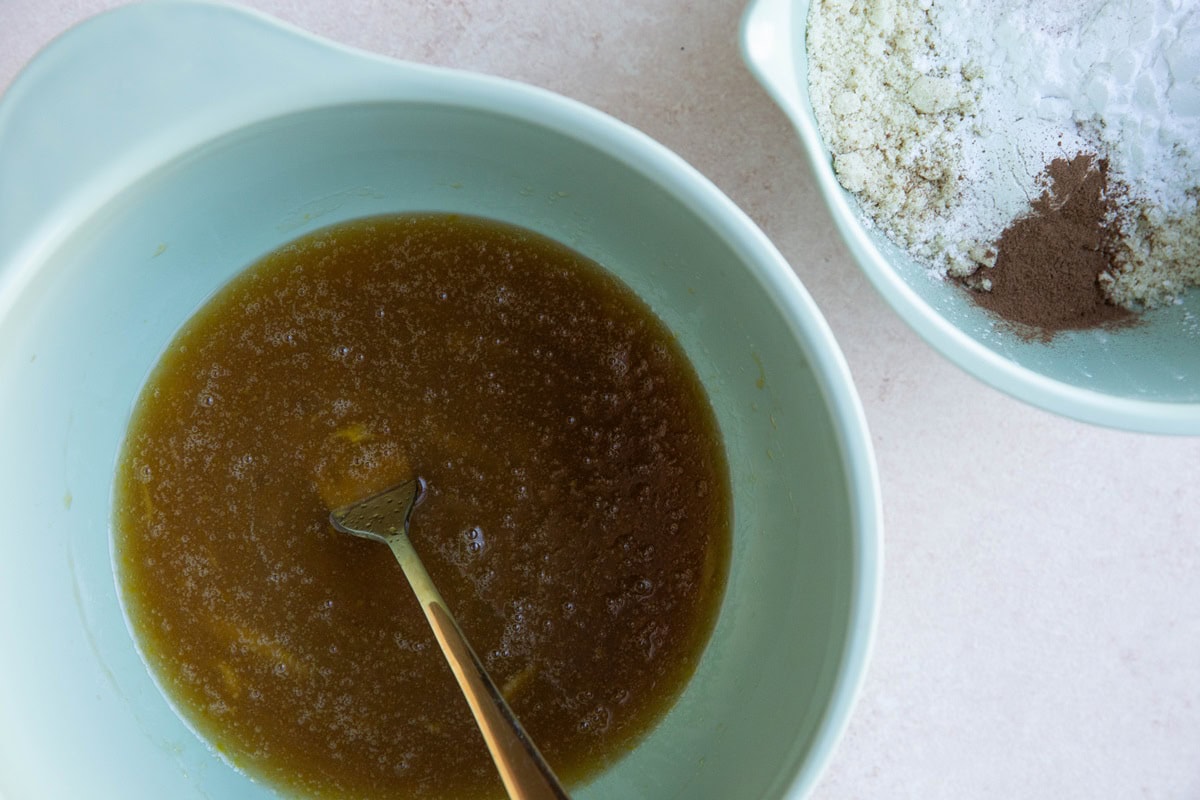 Wet ingredients in one bowl and dry ingredients in another bowl.