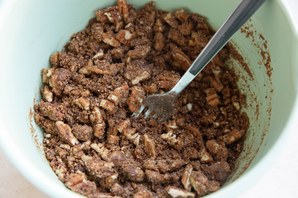 Pecan streusel topping in a mixing bowl.