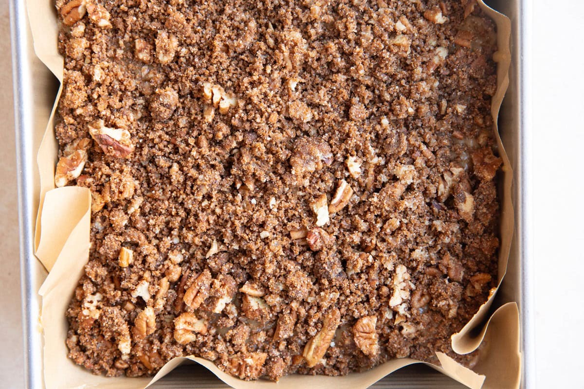 Coffee cake in a cake pan, ready to go into the oven.