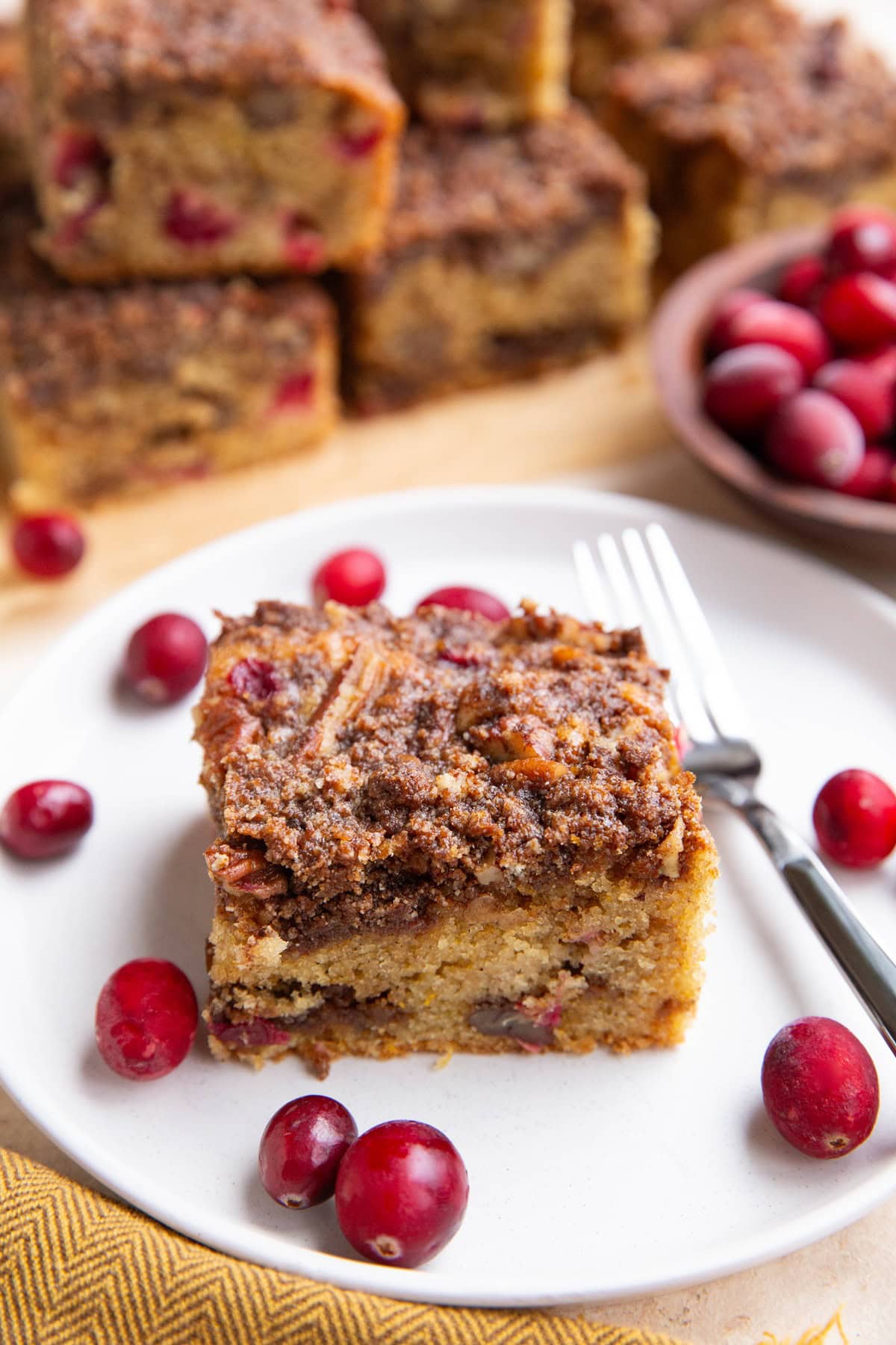 Cranberry orange coffee cake on a white plate with slices of cake in the background and fresh cranberries all around.