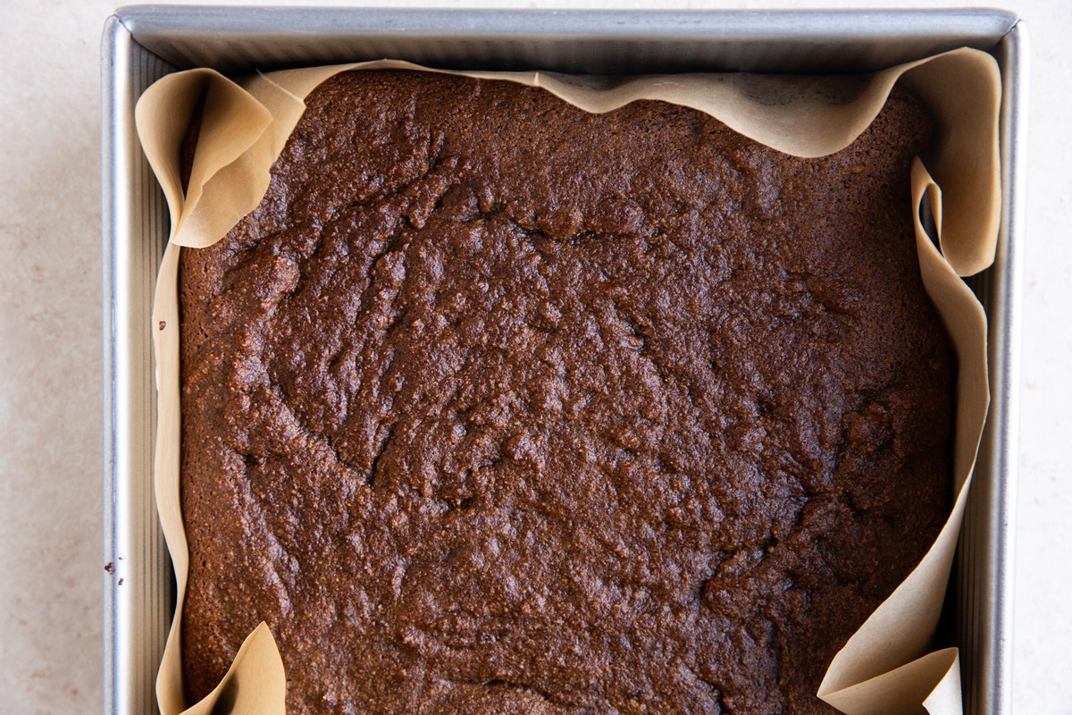 Gingerbread cake in a baking pan.