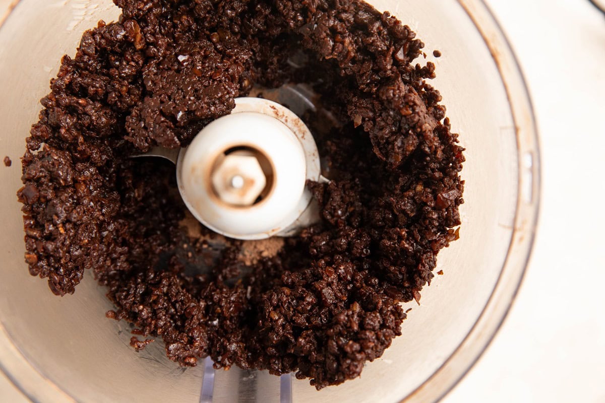 Truffle mixture in a food processor, ready to be made into truffles.