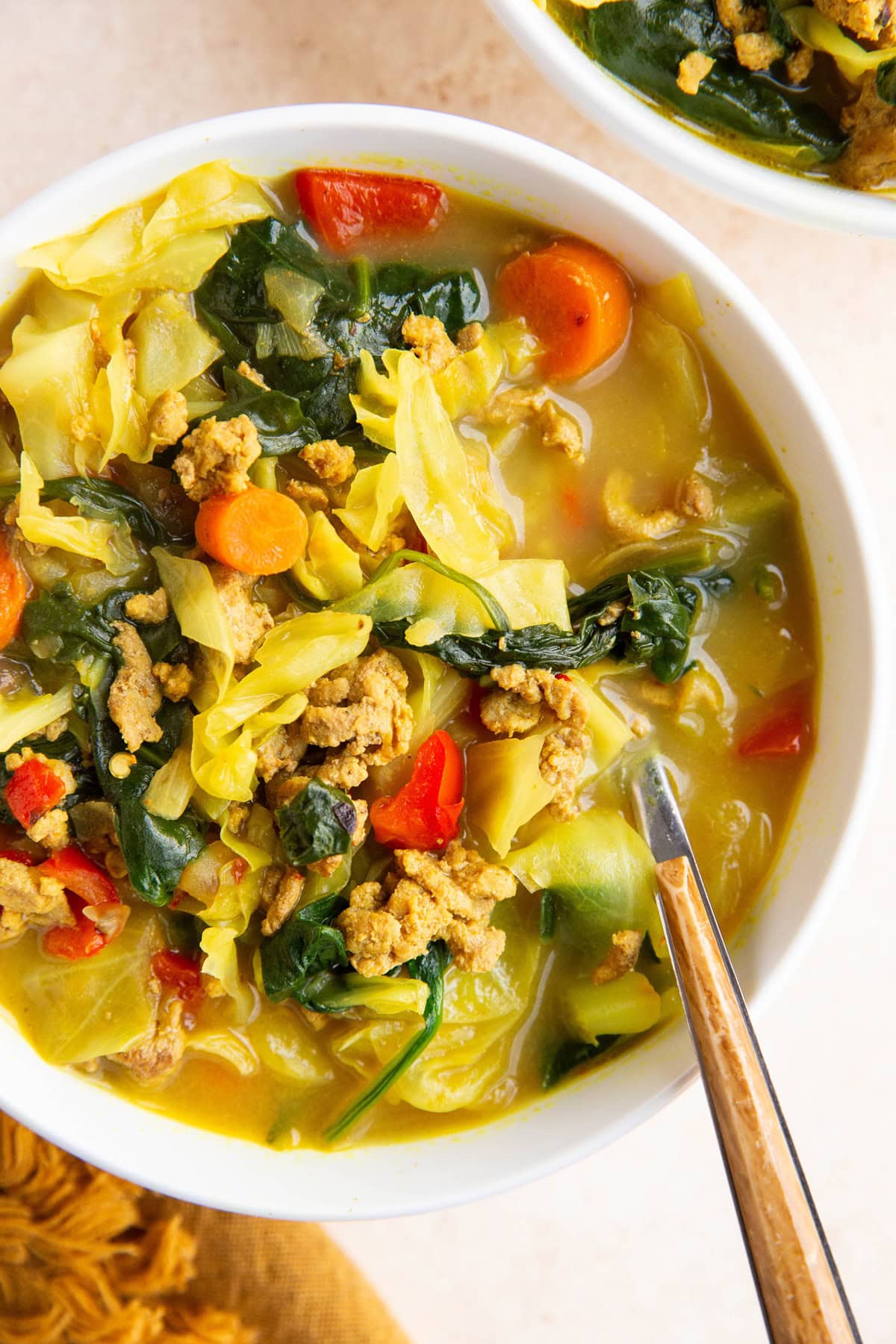 Ground turkey, cabbage soup with vegetables in two white bowls.