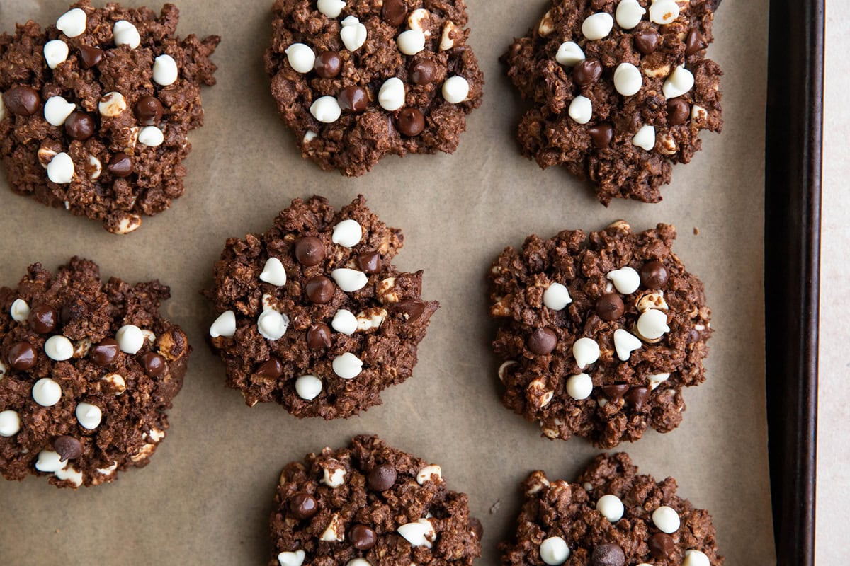 Baking sheet of double chocolate peanut butter cookies