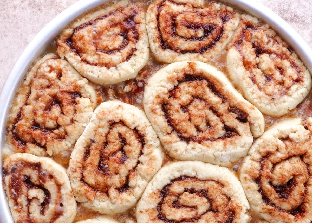 Cinnamon roll dough after the second rise, ready to bake.