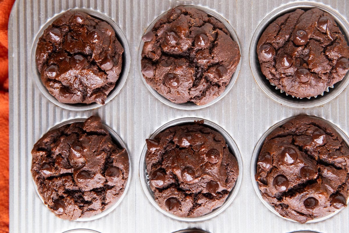 Muffin tin of chocolate sweet potato muffins