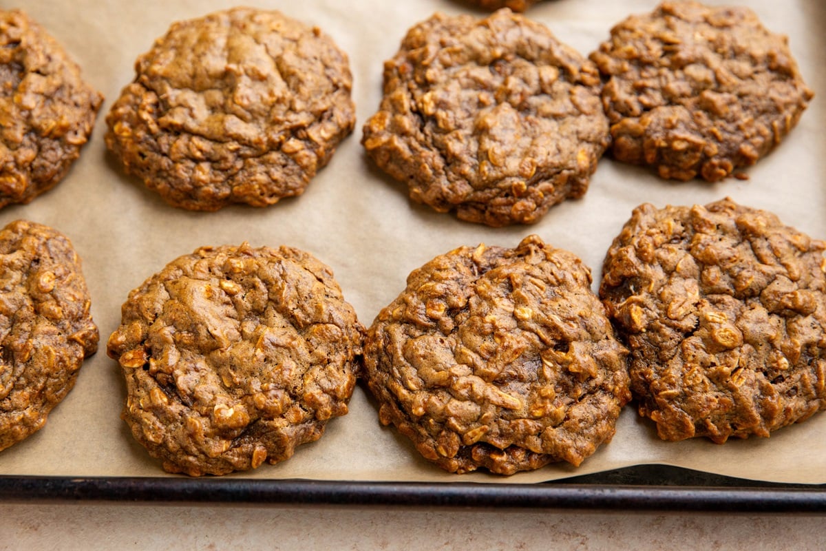 Ginger molasses oatmeal cookies fresh out of the oven.