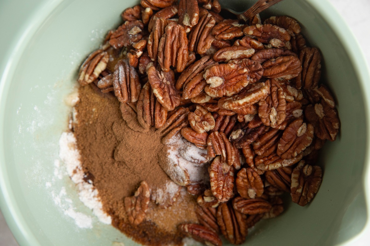 Pecan crumb topping ingredients in a mixing bowl.