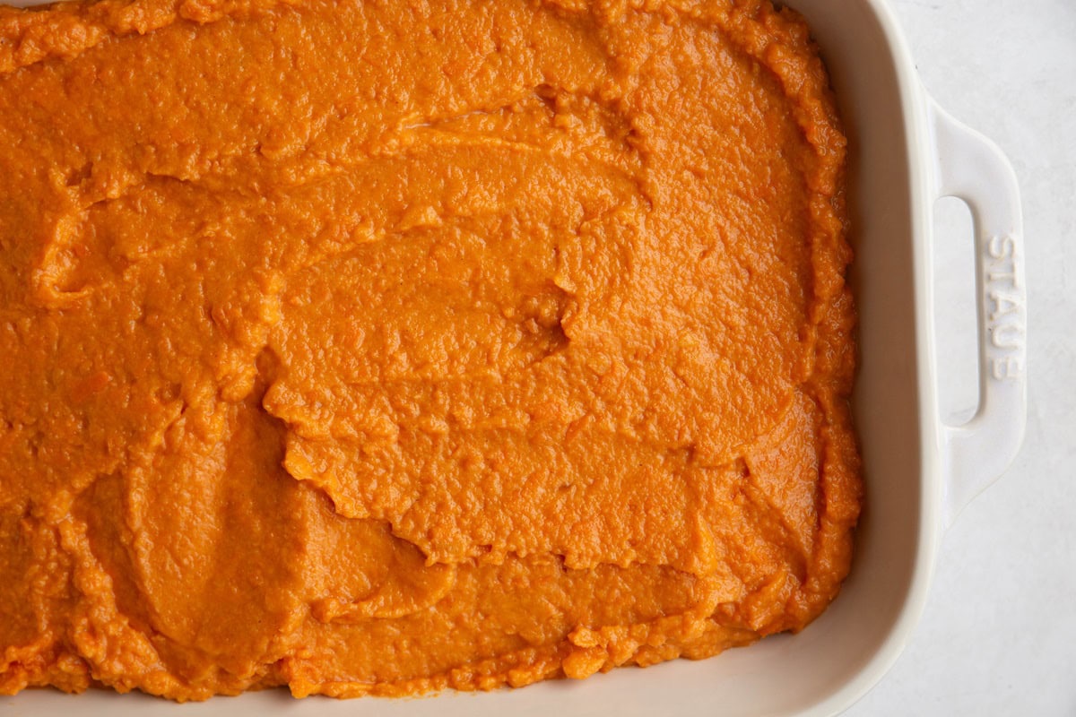 Sweet potato mixture in a large baking dish.