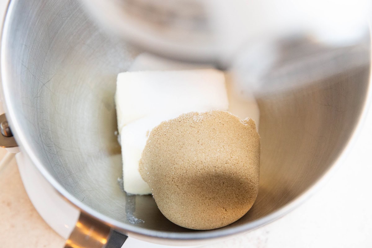 Butter and sugar in a stand mixer, ready to be mixed