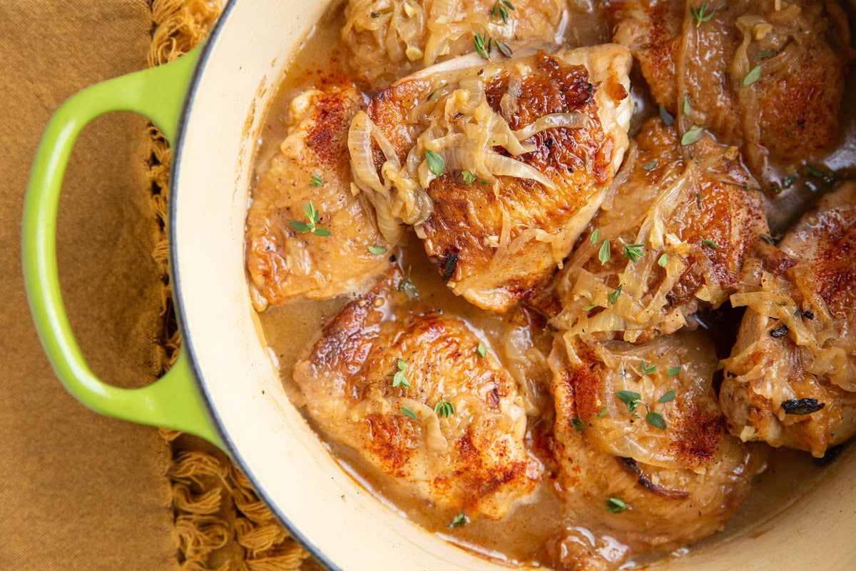 Creamy Dutch oven caramelized onion chicken.