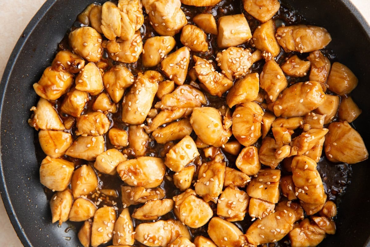 Skillet full of sesame chicken.