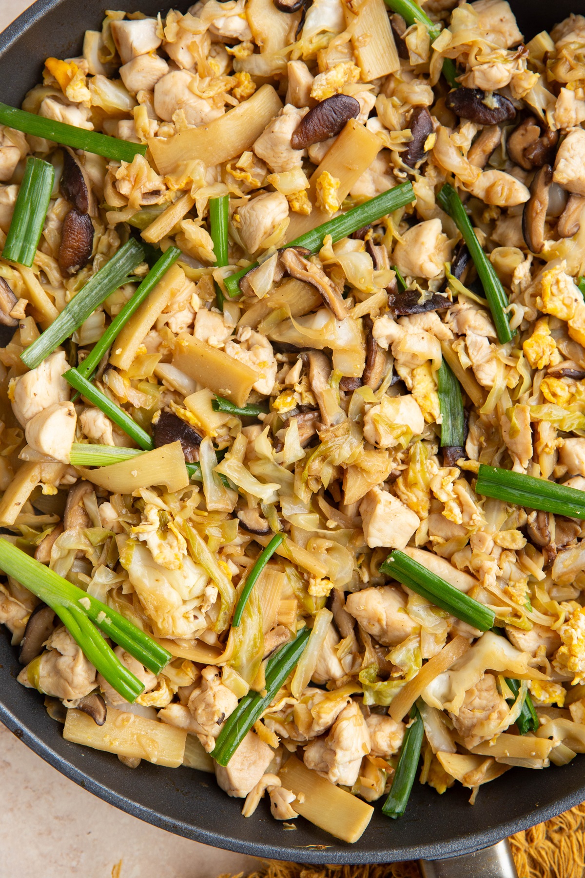 Skillet of Moo Shu Chicken - an authentic Chinese recipe ready in 40 minutes or less.