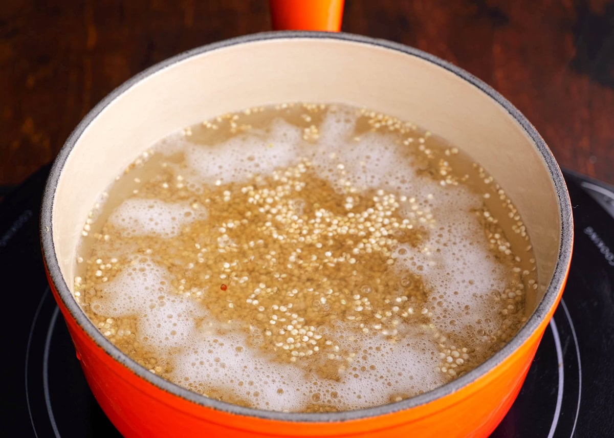 Quinoa cooking on the stove top.