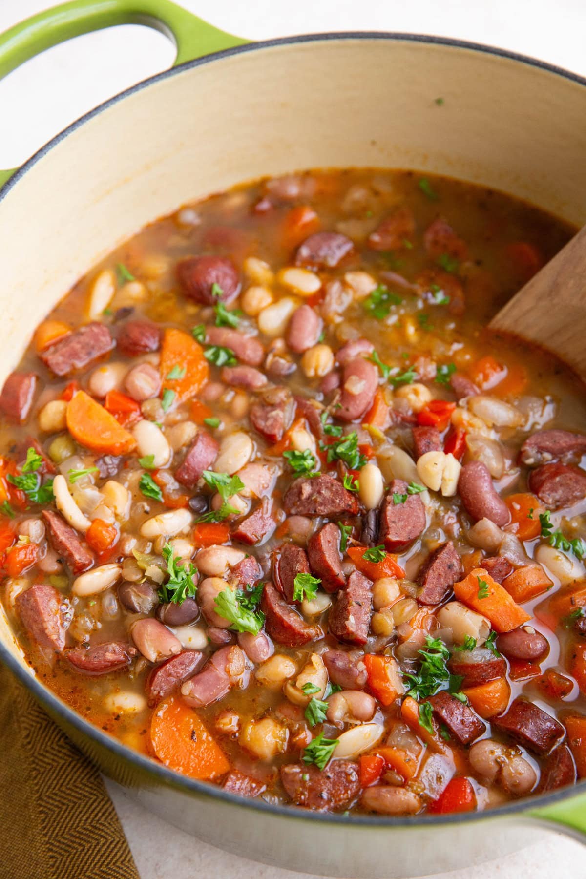 Large pot of sausage 15-bean soup. Ready to serve.