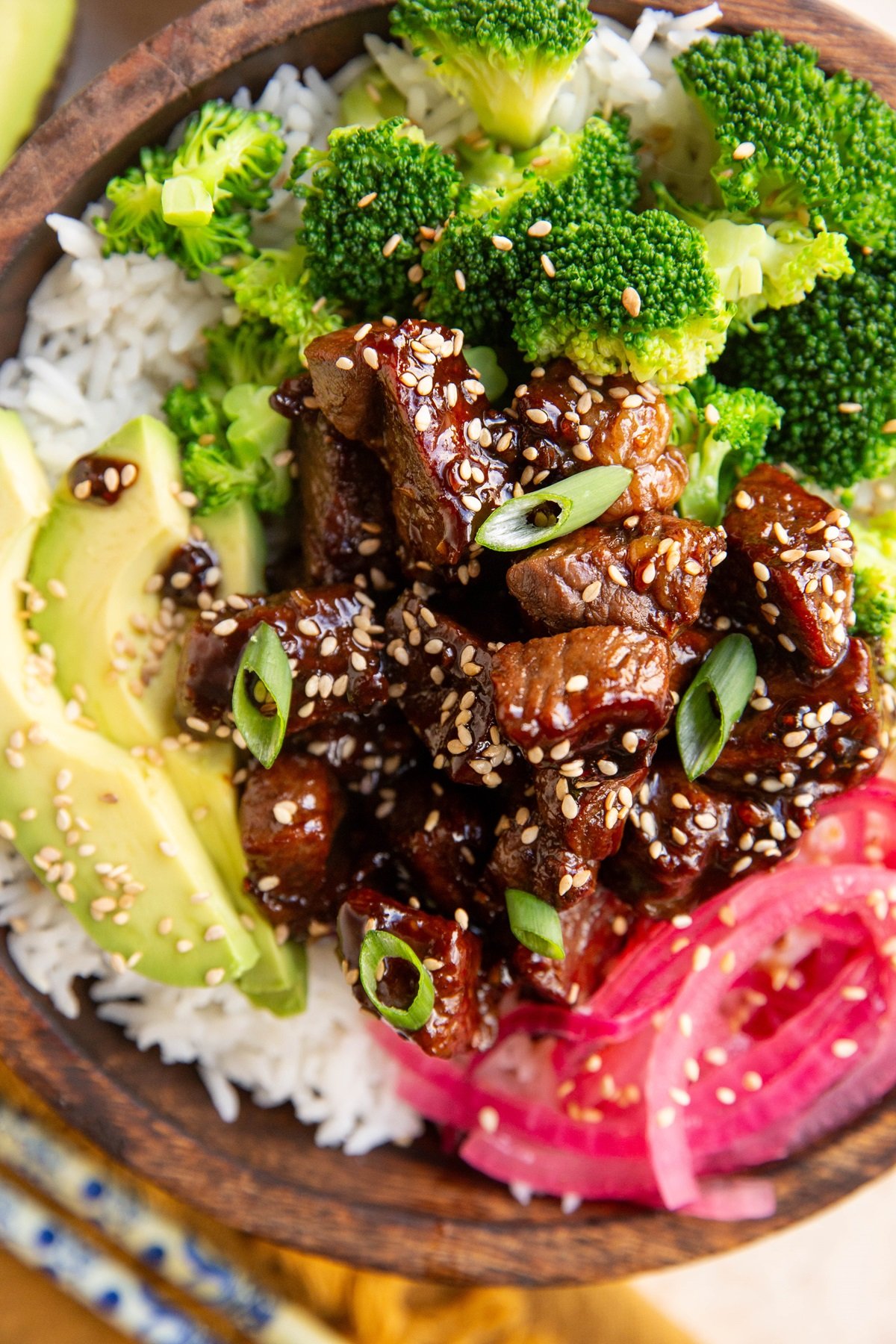 Sticky steak and rice bowls with a savory sweet sauce.