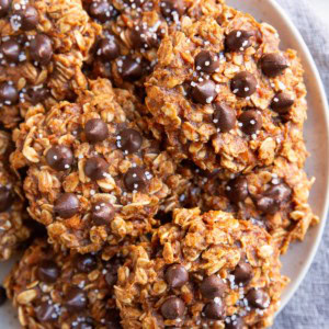 Plate of sweet potato cookies with chocolate chips and sea salt sprinkled on top. Ready to eat.