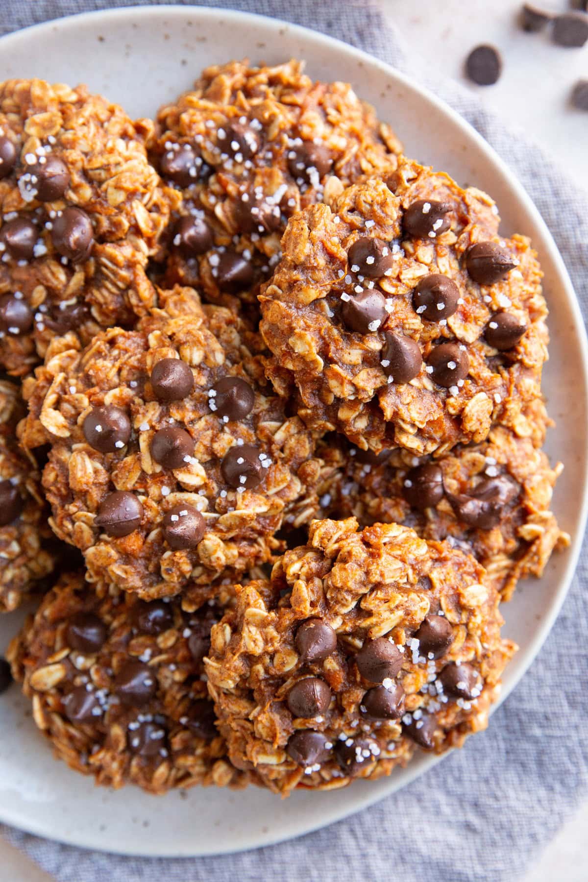 Plate of sweet potato cookies with chocolate chips and sea salt sprinkled on top. Ready to eat.