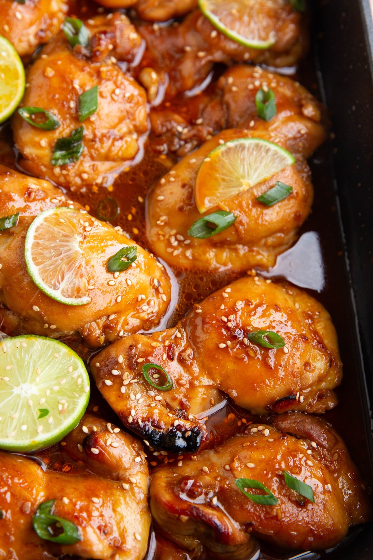 Cooked Korean sticky chicken in a baking dish, ready to serve.