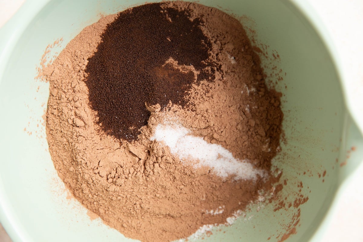 flour, cocoa powder, instant coffee and salt in a mixing bowl.