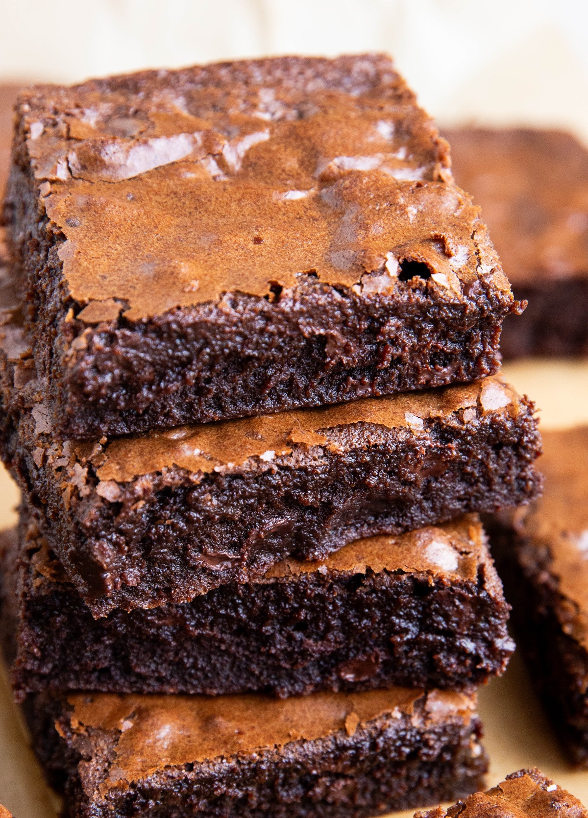 Stack of gluten-free brownies, ready to eat.