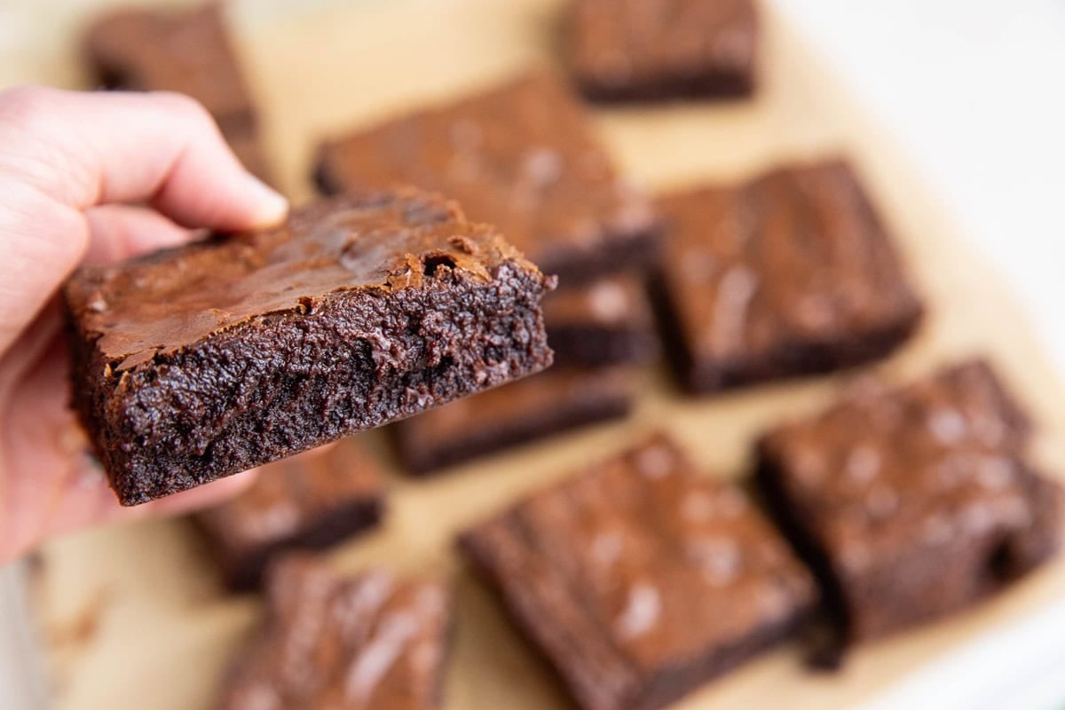 Hand holding a brownie, ready to eat.