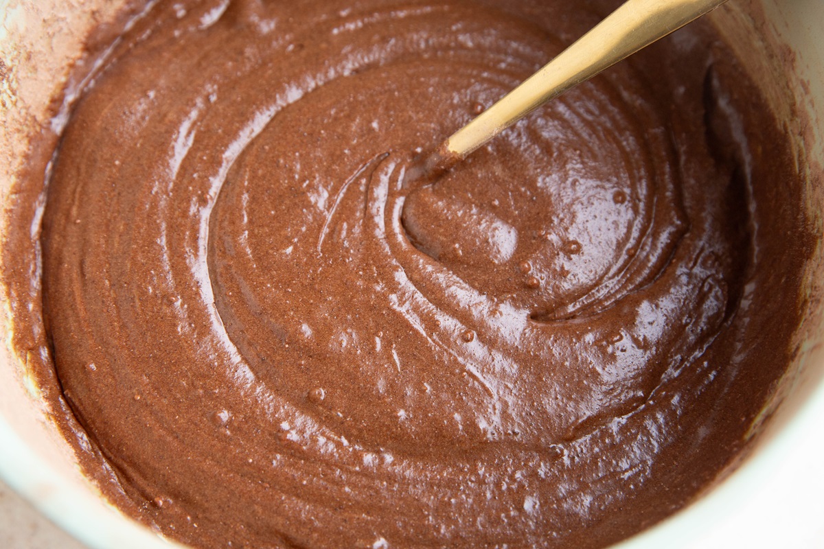 Brownie batter in a mixing bowl.