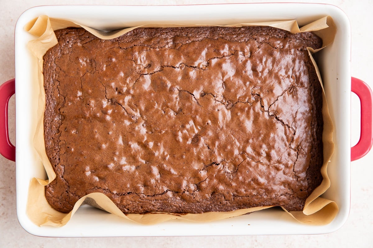 Fudgy gluten-free brownies in a dish, fresh out of the oven.