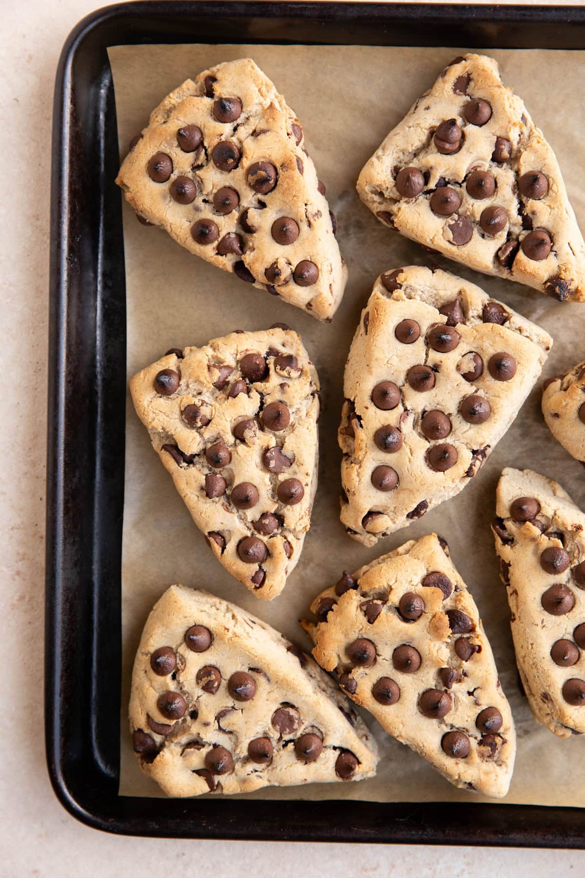 Baking sheet of chocolate chip scones, ready to eat.