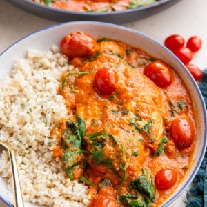 Bowl full of creamy red bell pepper chicken with rice.