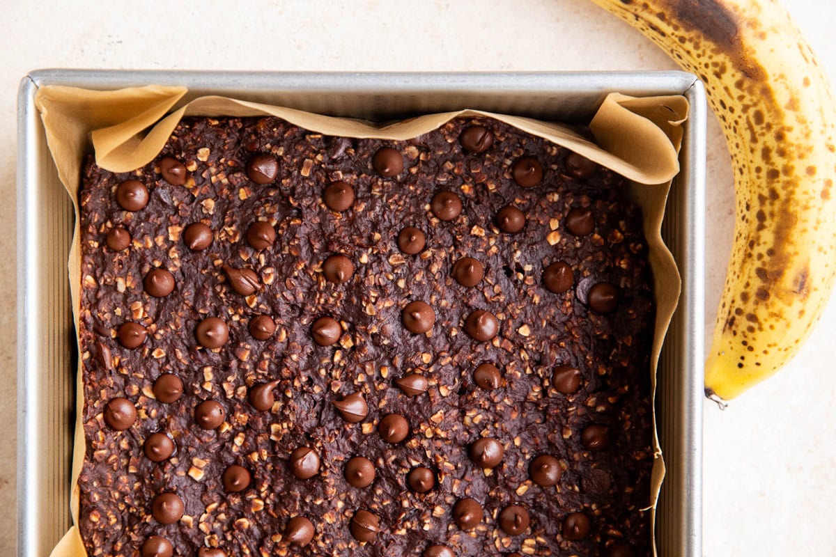 Chocolate breakfast bars in a baking dish, fresh out of the oven.