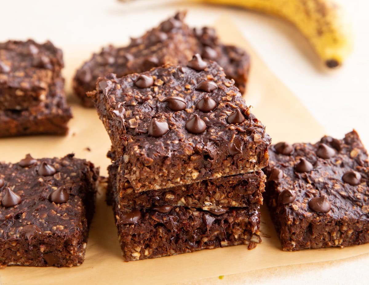 Stack of chocolate breakfast bars, ready to eat.