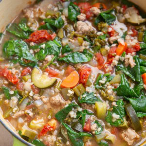 large pot of soup with ground turkey and vegetables, ready to eat.