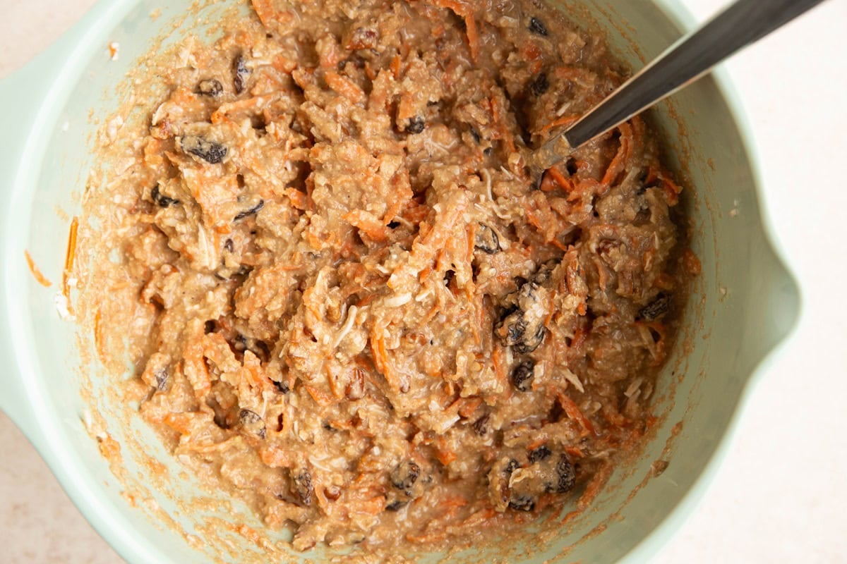 Carrot cake bread batter in a mixing bowl.