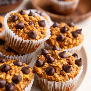 Plate stacked with sweet potato muffins, ready to eat.