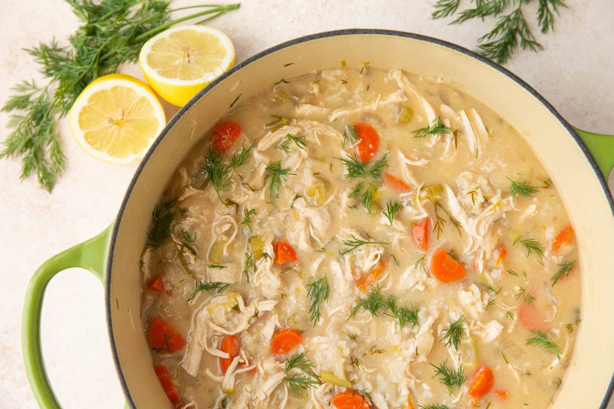 Large pot of Greek lemon chicken soup.