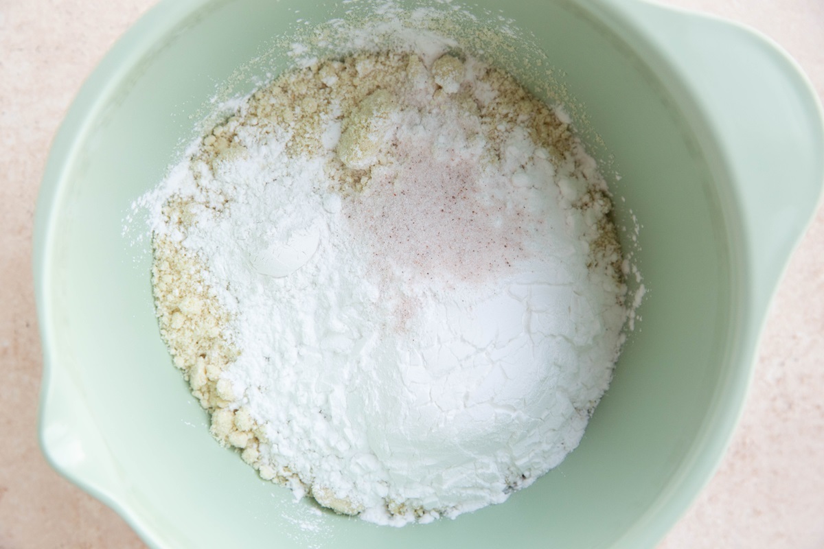 Almond flour, tapioca flour, salt, baking powder in a mixing bowl.