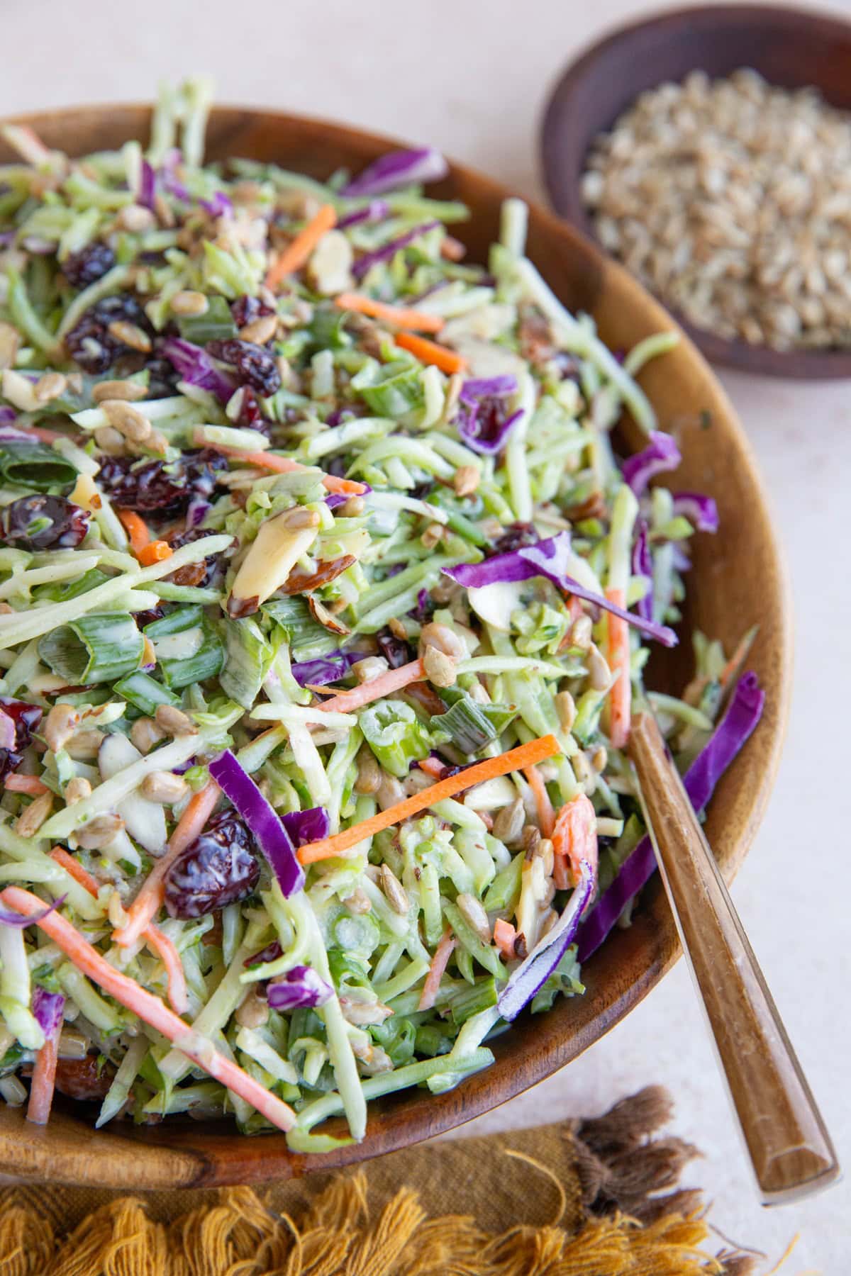 Wooden bowl of coleslaw with a wooden inlay spoon to serve.