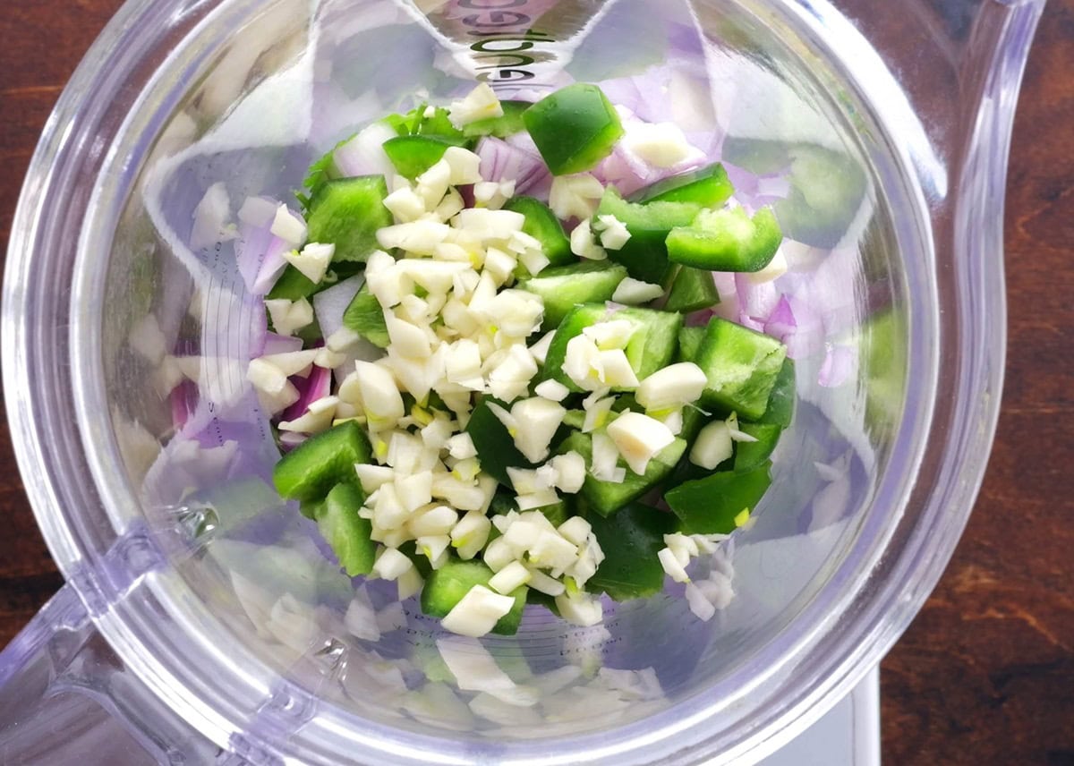 Ingredients for chimichurri sauce in a blender.