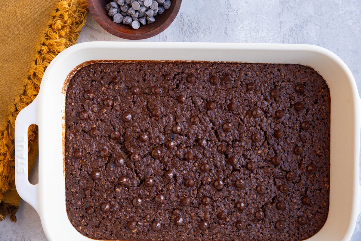 Casserole dish with chocolate baked oats.