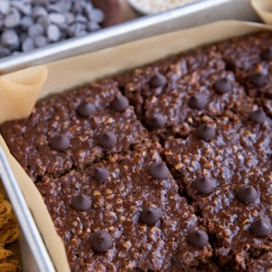 Baking dish with double chocolate baked protein oatmeal.