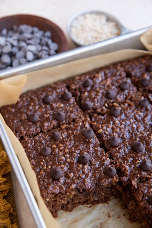 Baking dish with double chocolate baked protein oatmeal.