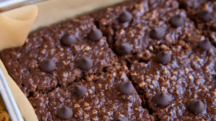 Baking dish with double chocolate baked protein oatmeal.